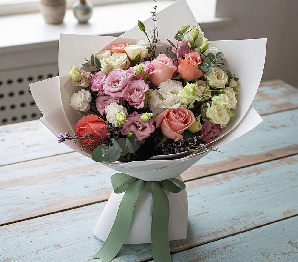 Букет цветов из: Розы, Лизиантусы и Гвоздики в Колодезном