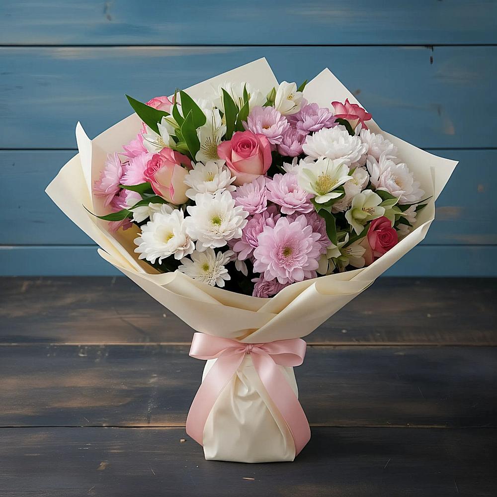 Букет цветов из: Хризантемы, Альстромерии и Розы в Колодезном